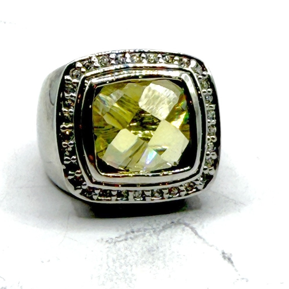 Citrine Color Glass Stone Statement Ring Silver Tone Size‎ 6 New Unworn VIDEO